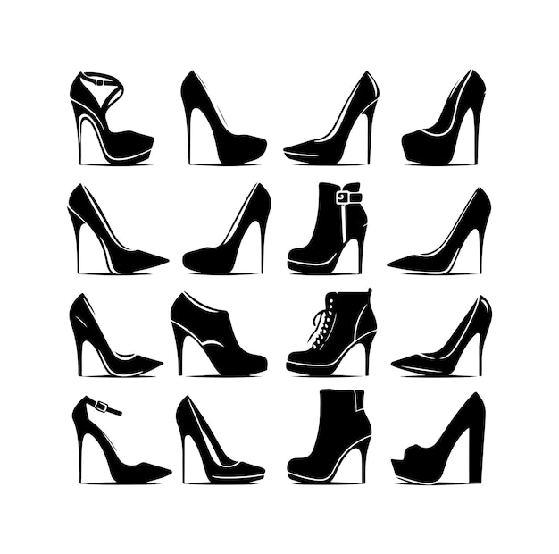 Colección de ilustraciones de siluetas de tipos de zapatos de tacón alto femeninos vector de silueta