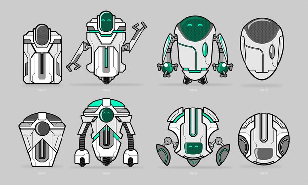 Una colección de ilustraciones de simpáticos personajes robot con dos colores y conceptos futuristas.