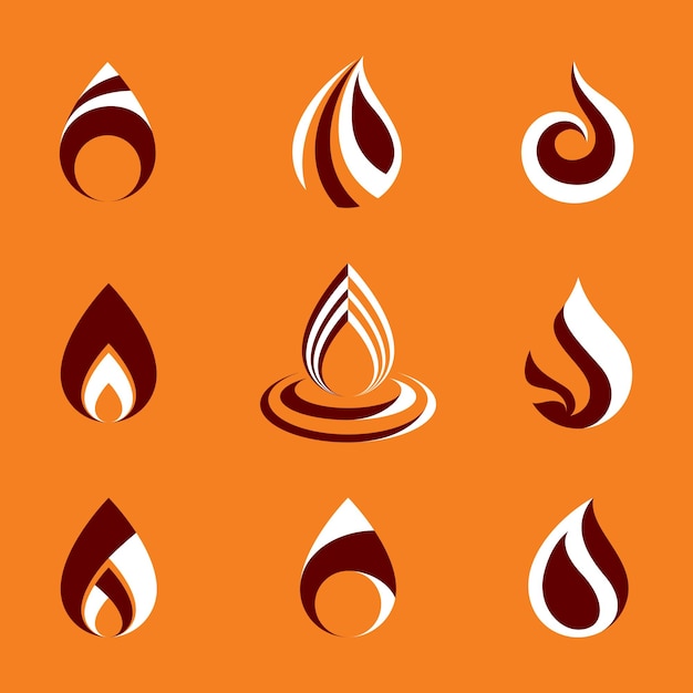 Colección de ilustraciones de vectores de fuego naranja caliente, elementos de la naturaleza.