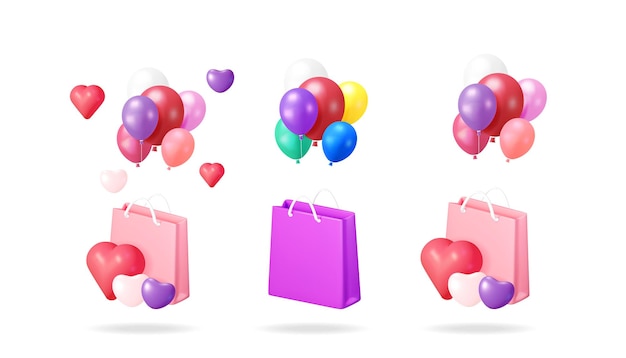 Colección de ilustraciones vectoriales 3D de bolsas de compras globos brillantes y corazones