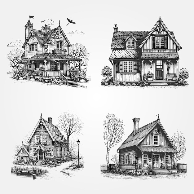 Vector colección de ilustraciones vectoriales en blanco y negro dibujadas a mano de casas antiguas