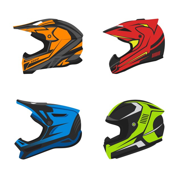 Colección de ilustraciones vectoriales de cascos de carreras de diseño plano