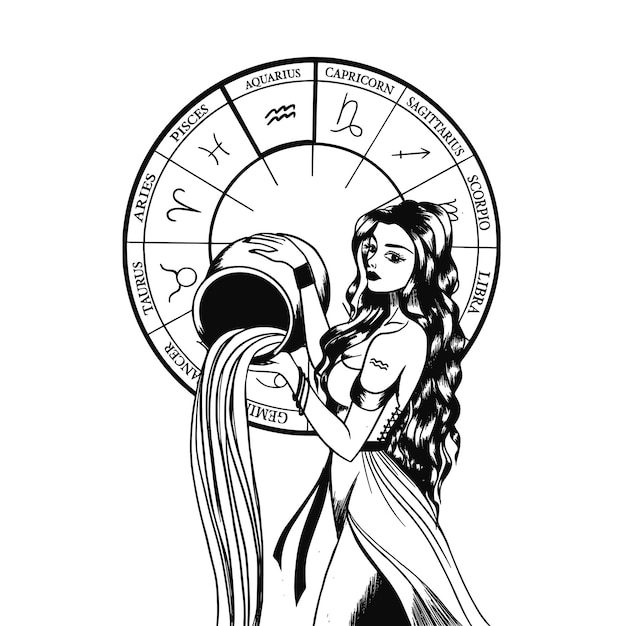 Colección de ilustraciones vectoriales dibujadas a mano o silueta de arte monocromo de signos astrológicos y mujeres de belleza arte del símbolo del Zodíaco