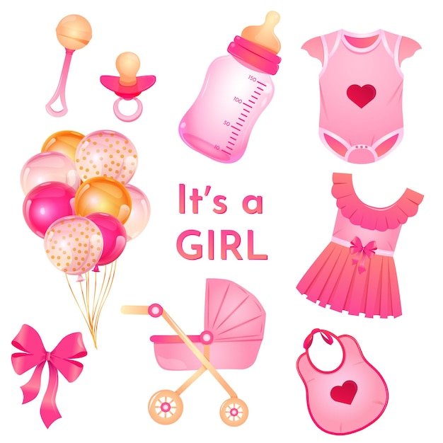 Colección de ilustraciones vectoriales para la fiesta de género It's a girl stickerpak