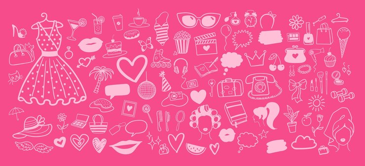 Vector colección de ilustraciones vectoriales de garabatos aislados de belleza y moda sobre fondo rosa