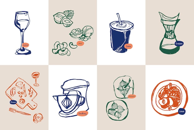 Colección de ilustraciones vectoriales minimalistas de alimentos y bebidas dibujadas a mano