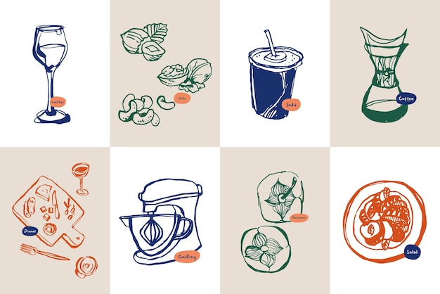 Vector colección de ilustraciones vectoriales minimalistas de alimentos y bebidas dibujadas a mano