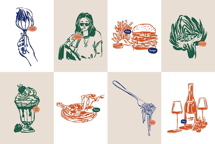 Vector colección de ilustraciones vectoriales minimalistas de alimentos y bebidas dibujadas a mano
