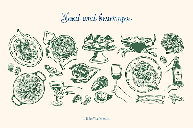Colección de ilustraciones vectoriales minimalistas de alimentos y bebidas dibujadas a mano