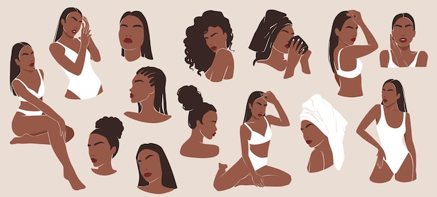 Vector colección de ilustraciones vectoriales para mujeres, niñas hermosas, piel oscura, mujeres modernas.
