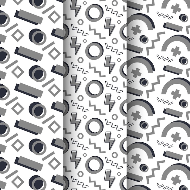 Colección de ilustraciones vectoriales de patrones monocromos abstractos de los años 90 con formas geométricas