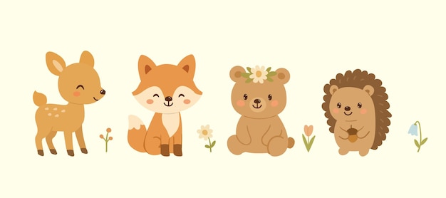 Colección de ilustraciones vectoriales planas con animales del bosque oso ciervo zorro erizo jabalí jabalí lindo