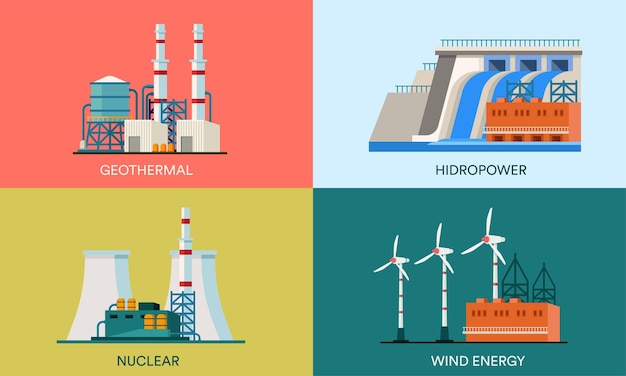 Vector una colección de ilustraciones vectoriales planas de centrales hidroeléctricas nucleares geotérmicas y eólicas