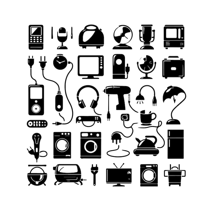 Vector colección de ilustraciones vectoriales de siluetas de equipos eléctricos domésticos