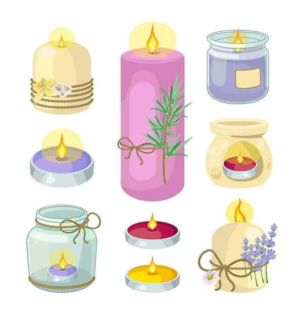 Vector colección de ilustraciones de velas aromáticas en un estilo detallado estilo moderno de ilustraciones para estudios de aromaterapia y salones de masajes