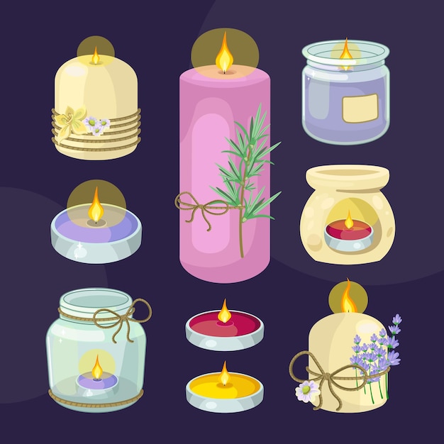 Colección de ilustraciones de velas aromáticas en un estilo detallado estilo moderno de ilustraciones para estudios de aromaterapia y salones de masajes