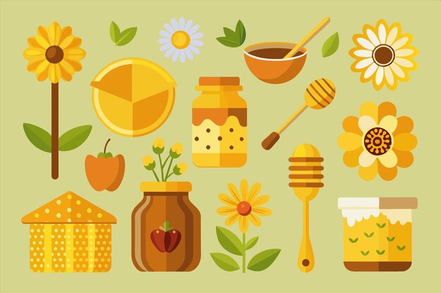 una colección de imágenes de alimentos, incluida una jarra de miel, miel y fruta