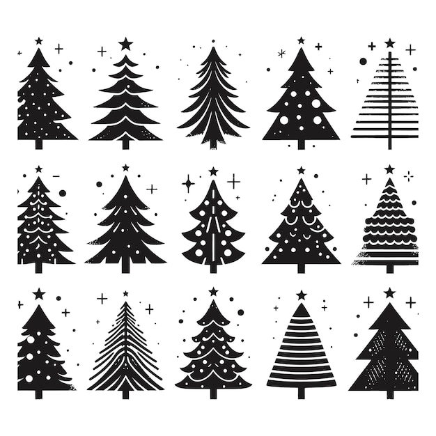 una colección de imágenes en blanco y negro de árboles de Navidad