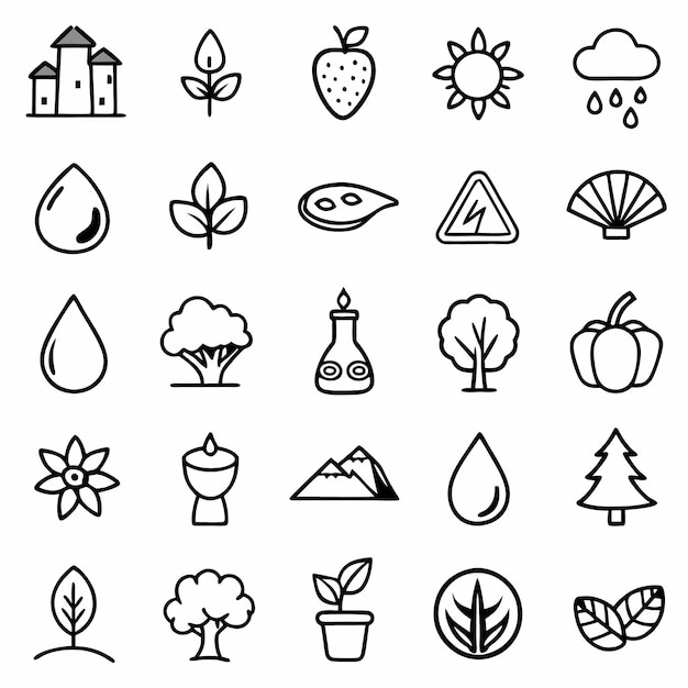 una colección de imágenes en blanco y negro incluyendo una sandía un árbol y un sol