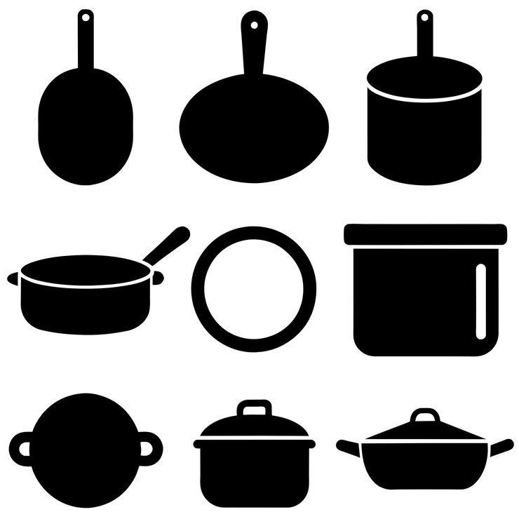 Vector una colección de imágenes en blanco y negro de ollas y sartenes