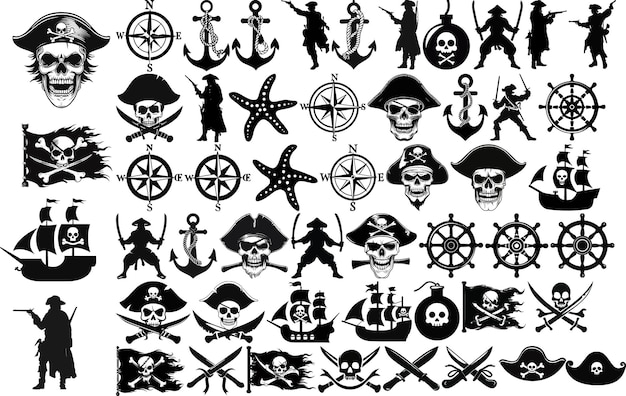 una colección de imágenes en blanco y negro que incluyen un barco pirata y un barco Pirata