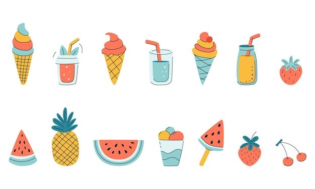 Una colección de imágenes de dibujos animados de bebidas de helado de frutas