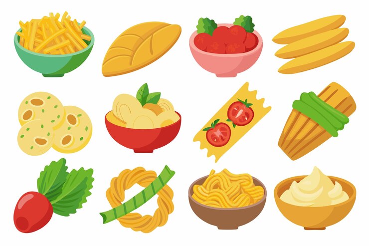 Vector una colección de imágenes de diferentes alimentos, incluidas la pasta, la pasta y las verduras