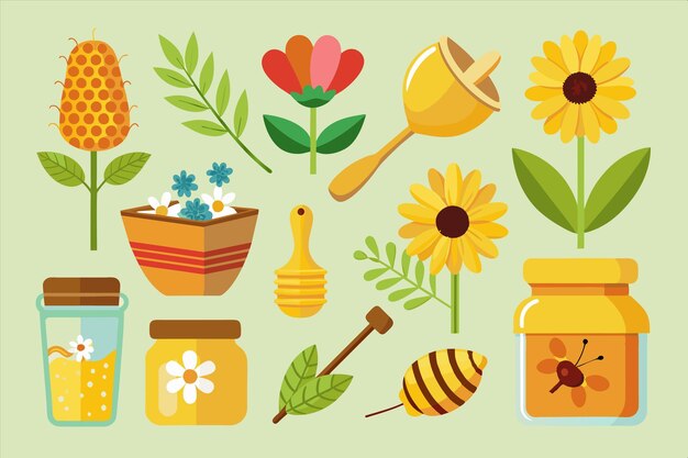 una colección de imágenes de flores y frascos, incluido un frasco de flores de miel y un frasko de flores
