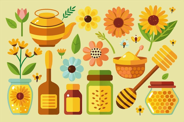 una colección de imágenes de flores y frascos incluyendo un frasco de miel