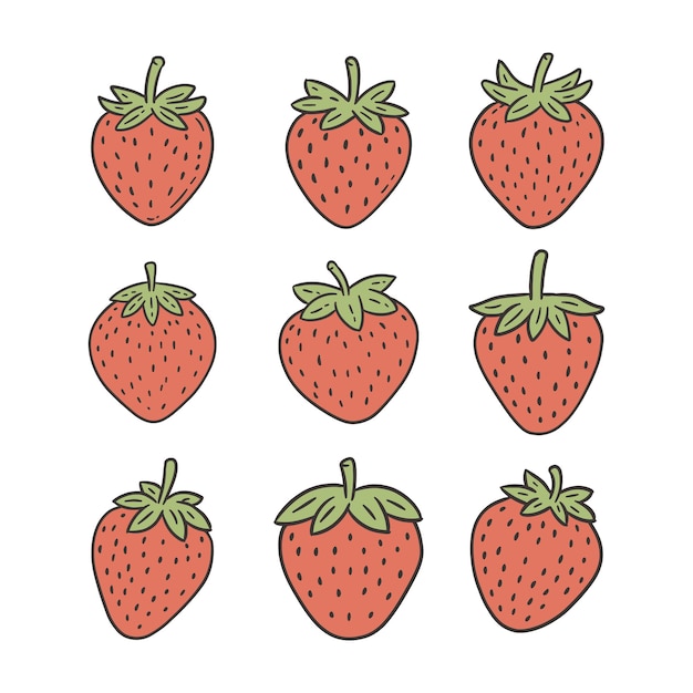 una colección de imágenes de fresas con hojas verdes