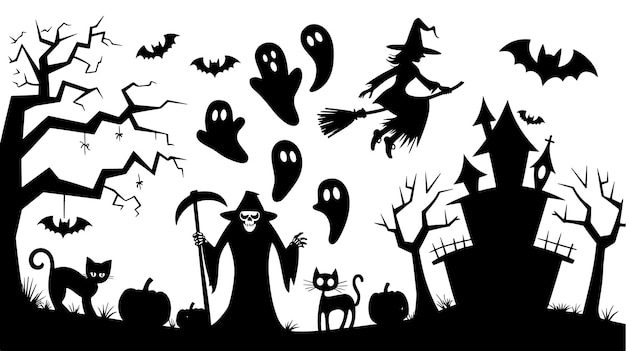 una colección de imágenes de Halloween incluyendo una bruja y una bruja