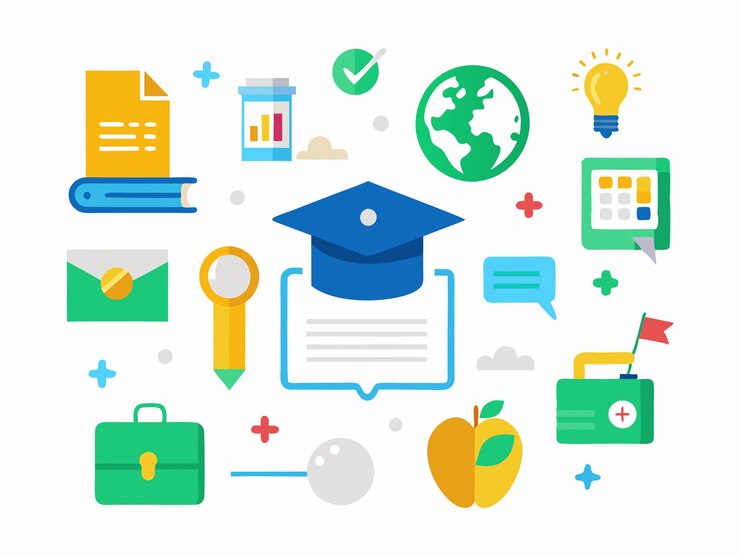 una colección de imágenes, incluidos libros de gorra de graduación y un diploma