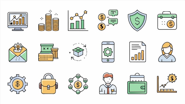 una colección de imágenes incluyendo una línea de iconos de negocios incluyendo un llavero y un hombre con una cerradura