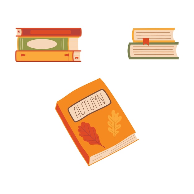 Colección de imágenes prediseñadas dibujadas a mano de otoño Paquete de símbolos acogedores de temporada de otoño Elementos estacionales de otoño lindos libros planos conjunto colorido Iconos de Acción de Gracias Diseños vectoriales de stock