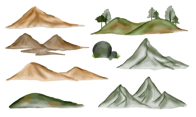 Vector colección de imágenes prediseñadas de elementos de picos de montaña en acuarela pintados a mano