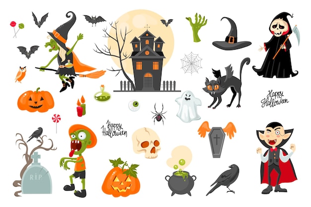 Colección de imágenes prediseñadas de Halloween ilustración de stock de vector de estilo de dibujos animados aislado en un fondo