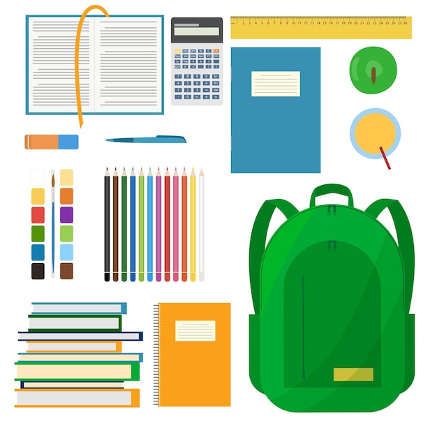 Colección de imágenes prediseñadas con material escolar y papelería Mochila libros Vector colorido