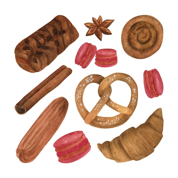Colección de imágenes prediseñadas de panadería en acuarela Productos horneados de acuarela dibujados a mano