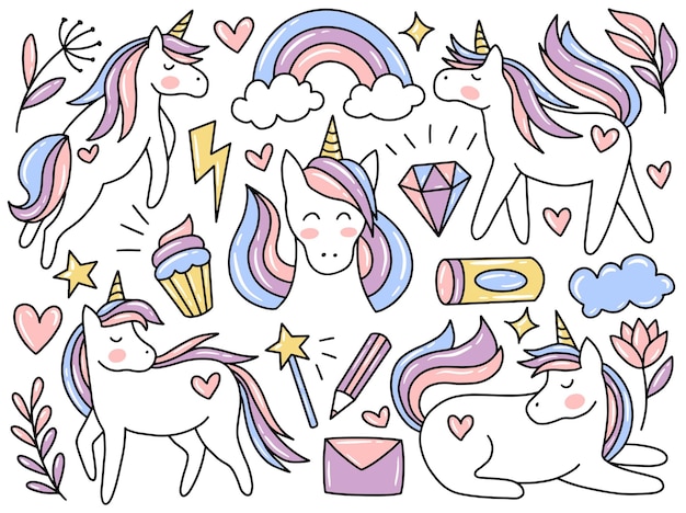 Vector colección de imágenes prediseñadas unicorn doodle