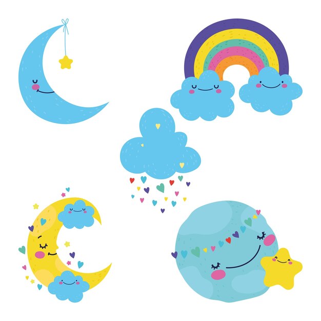 una colección de imágenes que incluyen un arco iris las nubes de la luna y la luna