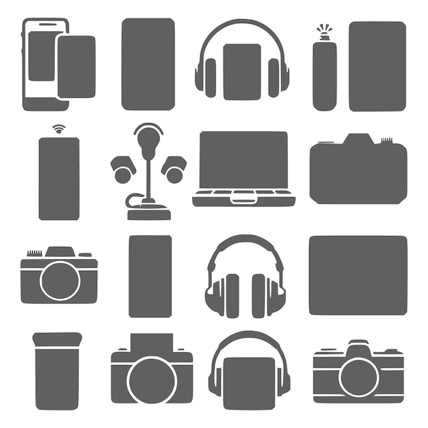 una colección de imágenes que incluyen auriculares, auriculares y cámaras
