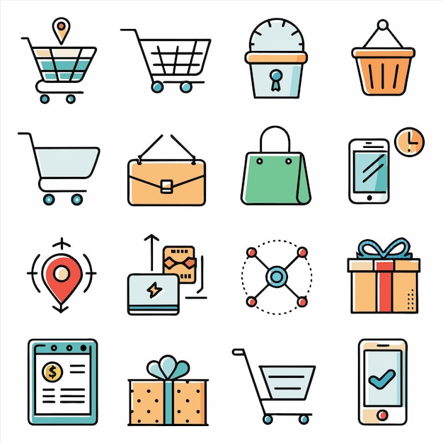 una colección de imágenes que incluyen un carrito de compras y compras