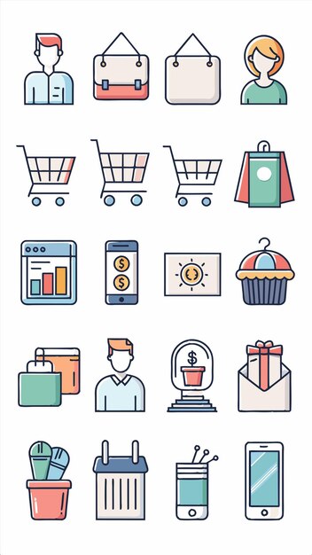 una colección de imágenes que incluyen un carrito de compras un regalo y un carrillo de compras