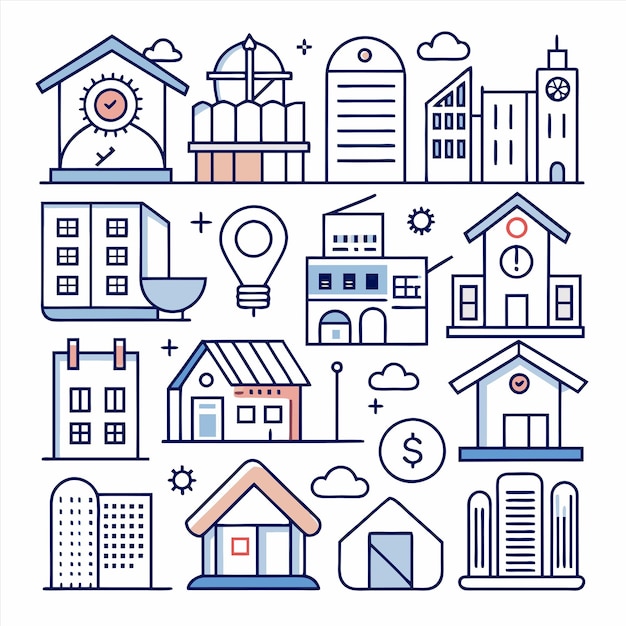 una colección de imágenes que incluyen una casa y una casa con un reloj en la parte superior