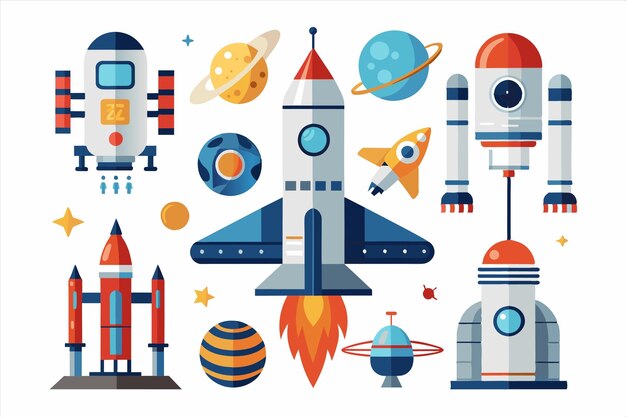 una colección de imágenes relacionadas con el espacio, incluidos transbordadores espaciales y cohetes