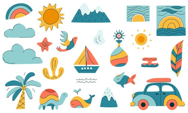 Una colección de imágenes y símbolos coloridos que incluyen un coche un barco una tortuga