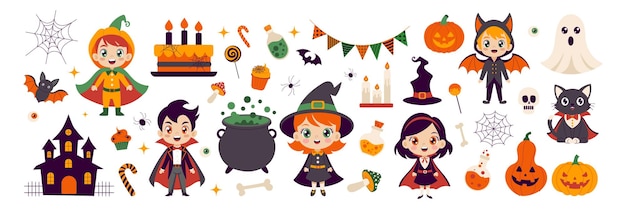 Una colección de imágenes temáticas de Halloween que incluyen brujas fantasmas calabazas