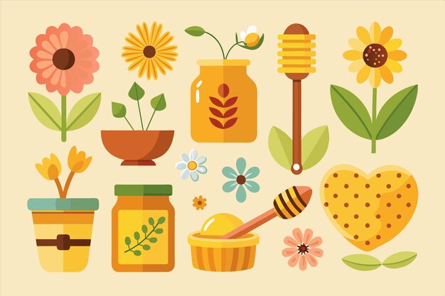 una colección de imágenes de varios artículos, incluida una jarra de flores de miel y una jarra de miel