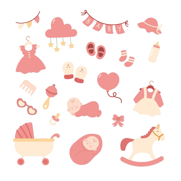 Colección de imágenes vectoriales de clipart para la ducha de bebé rosada