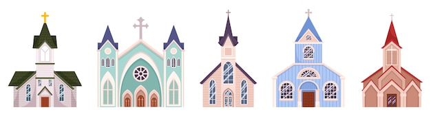 Colección de impresionantes iglesias católicas, cada una con una belleza arquitectónica única y un significado espiritual, conjunto aislado perfecto para proyectos religiosos o históricos, ilustración vectorial de dibujos animados